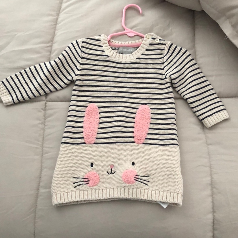 Cute tan with navy stripe bunny dress
